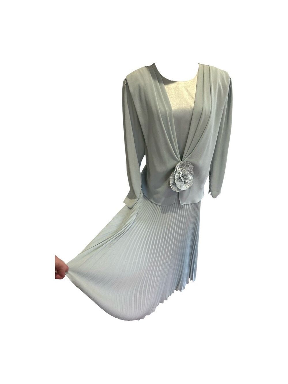 80s URSULA OF SWITZERLAND BLUE CHIFFON & SATIN DRESS W MICRO PLEAT SKIRT SZ 14W - Picture 3 of 7